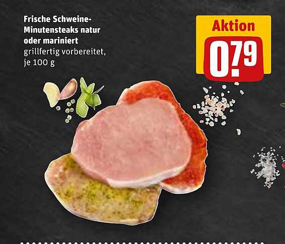 Frische Schweine-Minutensteaks natur oder mariniert, grillfertig vorbereitet, je 100 g