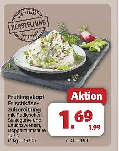 Frühlingstopf Frischkäsezubereitung mit Radieschen, Salatgurke und Lauchzwiebeln