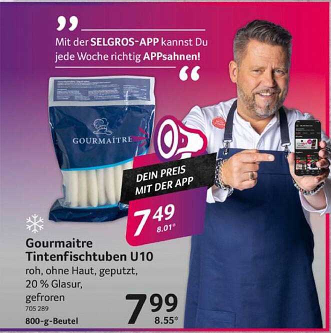 Gourmaitre Tintenfischtuben U10 - roh, ohne Haut, geputzt, gefroren. 800-g-Beutel