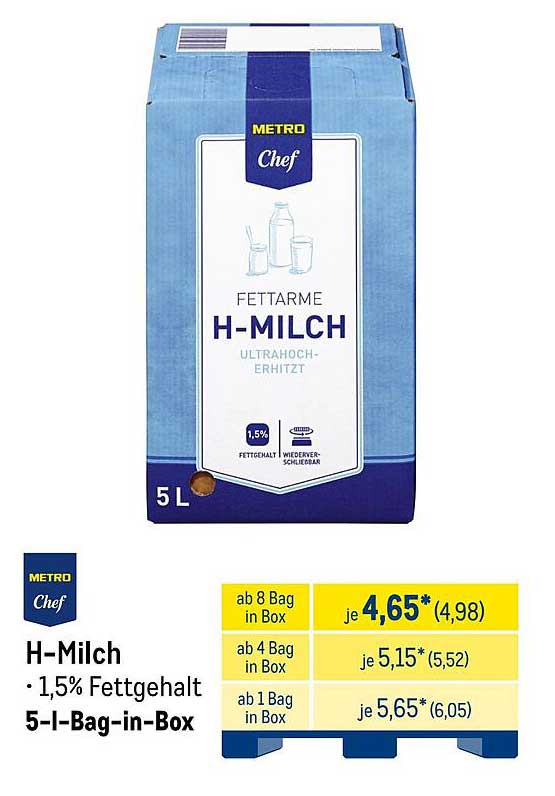 H-Milch 1,5% Fett, 5-Liter Bag-in-Box