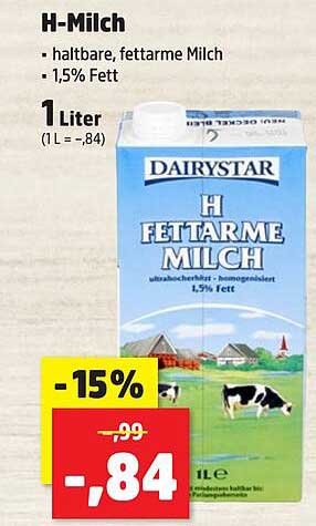 H-Milch - haltbare, fettarme Milch mit 1,5% Fett