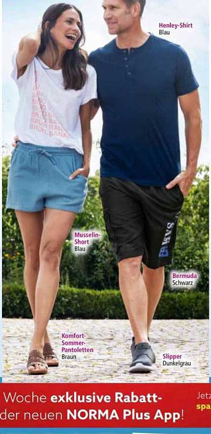 Henley-Shirt Blau, Musselin-Short Blau, Bermuda Schwarz, Komfort-Sommer-Pantoletten Braun, Slipper Dunkelgrau