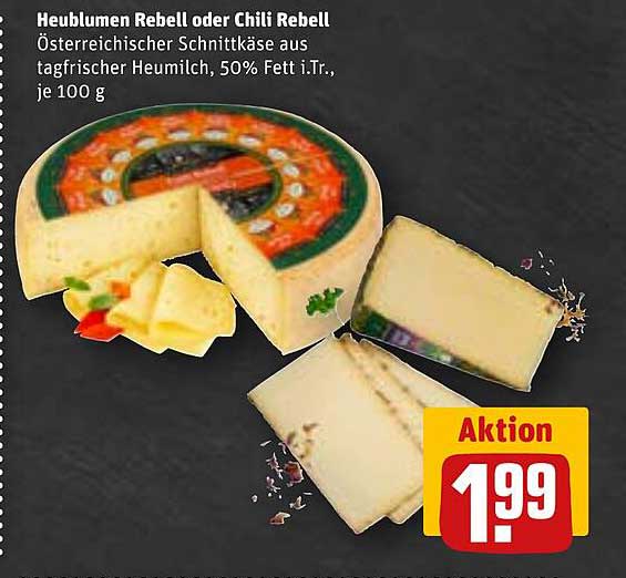 Heublumen Rebell oder Chili Rebell Österreicher Schnittkäse aus tagfrischer Heumilch, 50% Fett i.Tr., je 100 g