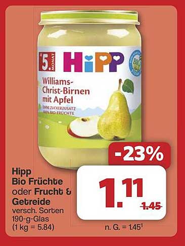 Hipp Bio Früchte oder Frucht & Getreide - Williams-Christ-Birnen mit Apfel