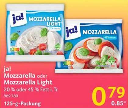 ja! Mozzarella oder Mozzarella Light 125-g-Packung