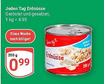 Jeden Tag Erdnüsse, geröstet und gesalzen, 200 g für 0,99 €