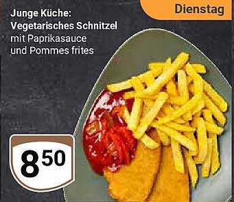 Junge Küche: Vegetarisches Schnitzel mit Paprikasauce und Pommes frites