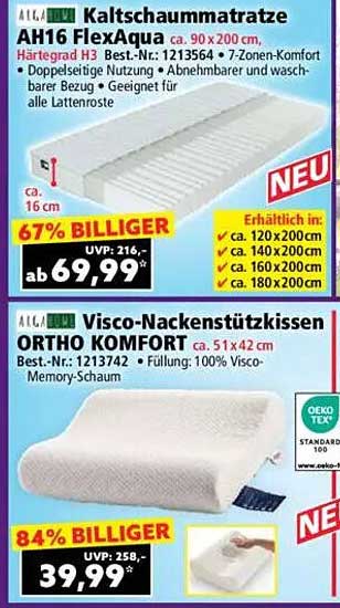 Kaltschaummatratze AH16 FlexAqua und Visco-Nackenstützkissen ORTHO KOMFORT