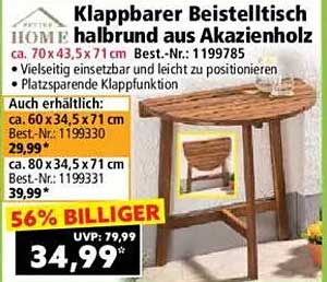 Klappbarer Beistelltisch halbrund aus Akazienholz
