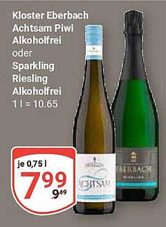 Kloster Eberbach AchtSam Piwi Alkoholfrei oder Sparkling Riesling Alkoholfrei 0,75 l