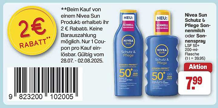 Nivea Sun Schutz & Pflege Sonnenmilch oder Sonnenspray LSF 50+ 200 ml