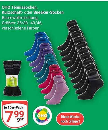 OHO Tennissocken, Kurzschaft- oder Sneaker-Socken, 10er-Pack