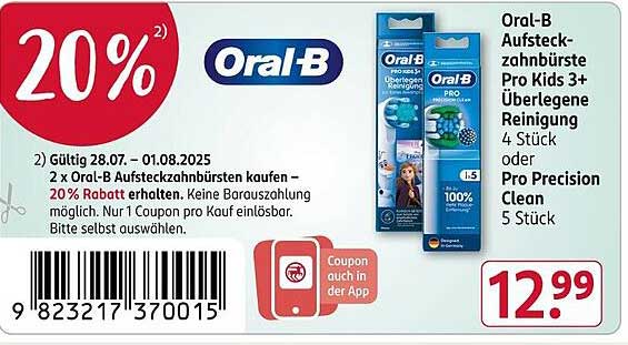 Oral-B Aufsteckzahnbürsten Pro Kids 3+ Überlegene Reinigung – 20% Rabatt