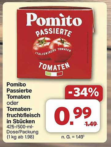 Pomito Passierte Tomaten oder Tomatenfruchtfleisch in Stückchen 425-/500-ml Dose/Packung