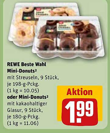 REWE Beste Wahl Mini-Donuts mit Streuseln, 9 Stück oder mit kakaohaltiger Glasur, 9 Stück