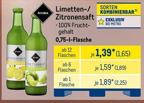 Rioba Limetten-/Zitronensaft 100% Fruchtgehalt, 0,75-l-Flasche