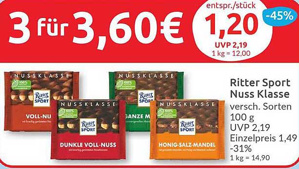 Ritter Sport Nuss Klasse – 3 für 3,60€