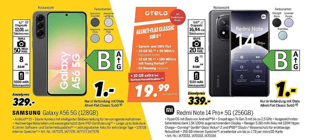 Samsung Galaxy A56 5G (128GB) für nur 1,- Euro in Verbindung mit Otelo Allnet-Flat Classic
