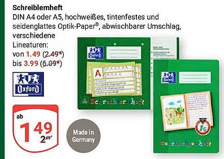 Schreibheft DIN A4 oder A5, hochweißes, tintenfestes Oxford Optik-Paper®