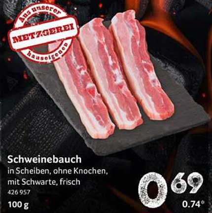 Schweinebauch in Scheiben, ohne Knochen, mit Schwarte, frisch