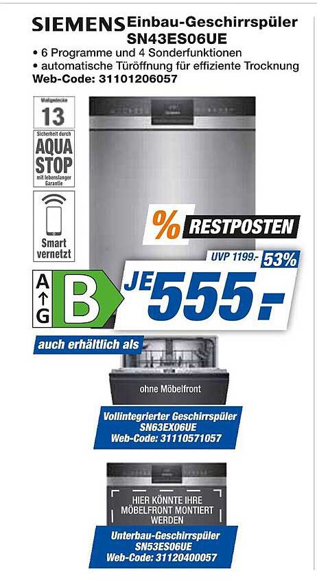 SIEMENS Einbau-Geschirrspüler SN43ES06UE - Restposten zum Sonderpreis