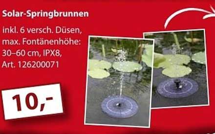 Solar-Springbrunnen inkl. 6 versch. Düsen, max. Fontänenhöhe: 30–60 cm, IPX8, Art. 126200071