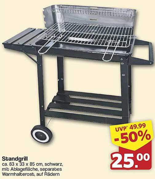 Standgrill - ca. 83 x 33 x 85 cm, schwarz, mit Ablagefläche, separates Warmhalterost, auf Rädern