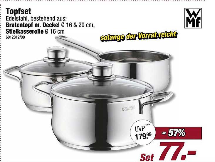 Topfset - Edelstahl, bestehend aus: Bratentopf m. Deckel Ø 16 & 20 cm, Stielkasserolle Ø 16 cm