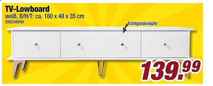 TV-Lowboard weiß, B/H/T: ca. 180 x 48 x 35 cm