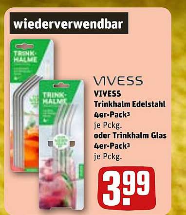 VIVESS Trinkhalm Edelstahl 4er-Pack oder Trinkhalm Glas 4er-Pack