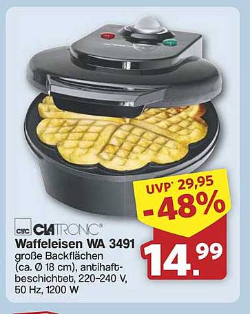 Waffeleisen WA 3491 von Clatronic - Große Backflächen für perfekte Waffeln