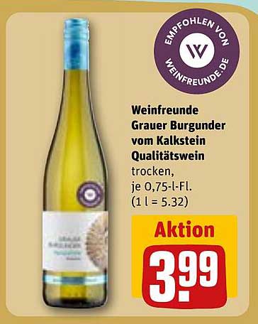 Weinfreunde Grauer Burgunder vom Kalkstein Qualitätswein trocken, je 0,75-L-Fl.