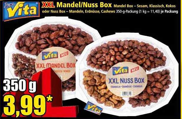 XXL Mandel/Nuss Box - Mandel Box - Sesam, Klassisch, Kokos oder Nuss Box - Mandeln, Erdnüsse, Cashews 350-g-Packung