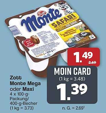 Zott Monte Mega oder Maxi 4 x 100-g-Packung