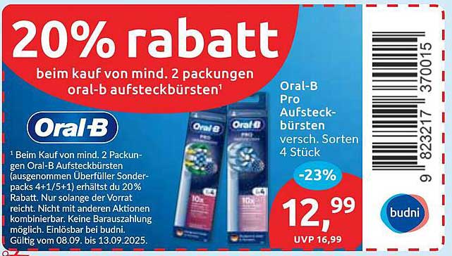 20% Rabatt auf Oral-B Pro Aufsteckbürsten beim Kauf von 2 Packungen