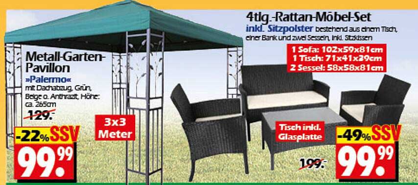 4tlg. Rattan-Möbel-Set mit Metall-Garten-Pavillon »Palermo«
