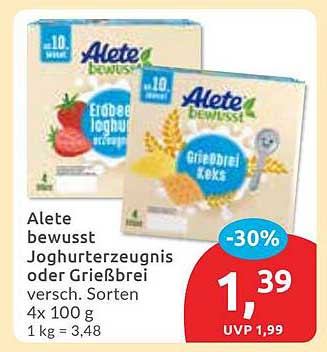 Alete bewusst Joghurtherzzeugnis oder Grießbrei 4x100g