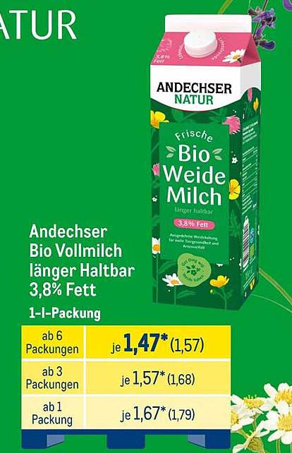 Andechser Bio Weidemilch 1 l - länger haltbar 3,8% Fett