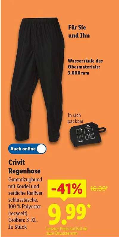 Crivit Regenhose - Gummizugbund für optimalen Tragekomfort