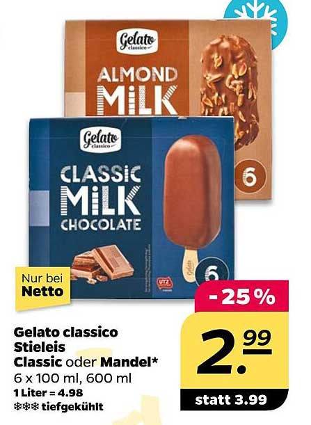 Gelato classico Stieleis Classic oder Mandel 6 x 100 ml, 600 ml