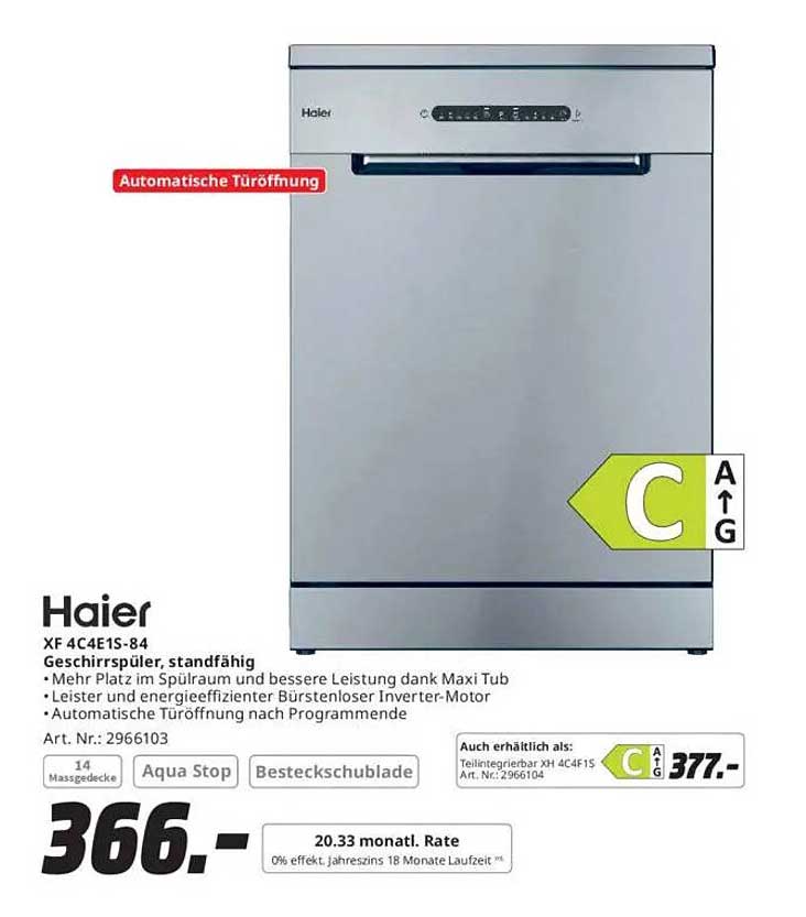 Haier XF 4C4E1S-84 Geschirrspüler - Standfähiger Geschirrspüler mit automatischer Türöffnung