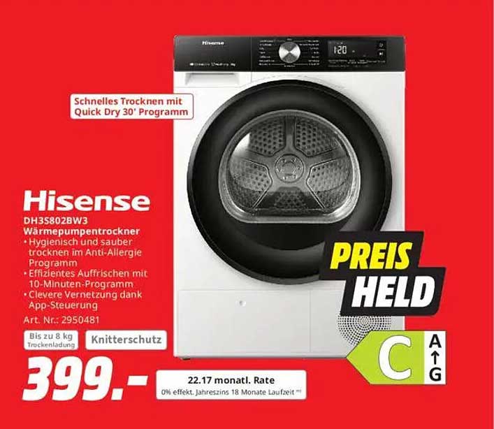 Hisense DH358028W3 Wärmepumpentrockner