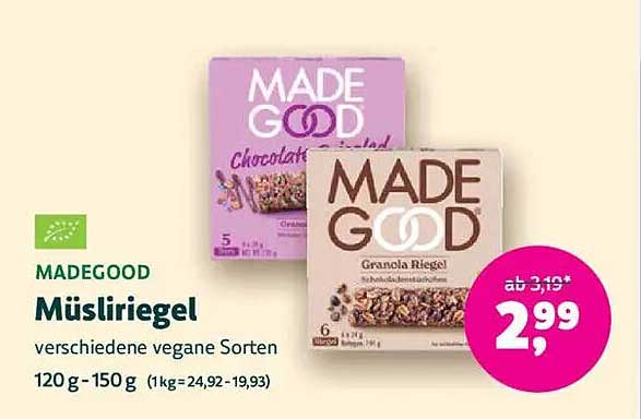 MADEGOOD Müsliriegel verschiedene vegane Sorten 120 g - 150 g