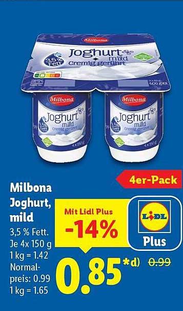 Milbona Joghurt, mild - 4er-Pack