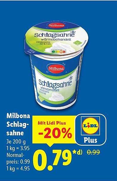Milbona Schlagsahne 200 g - jetzt nur 0,79 €