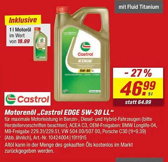 Motorenöl „Castrol EDGE 5W-30 LL“ 5 l - jetzt im Angebot!