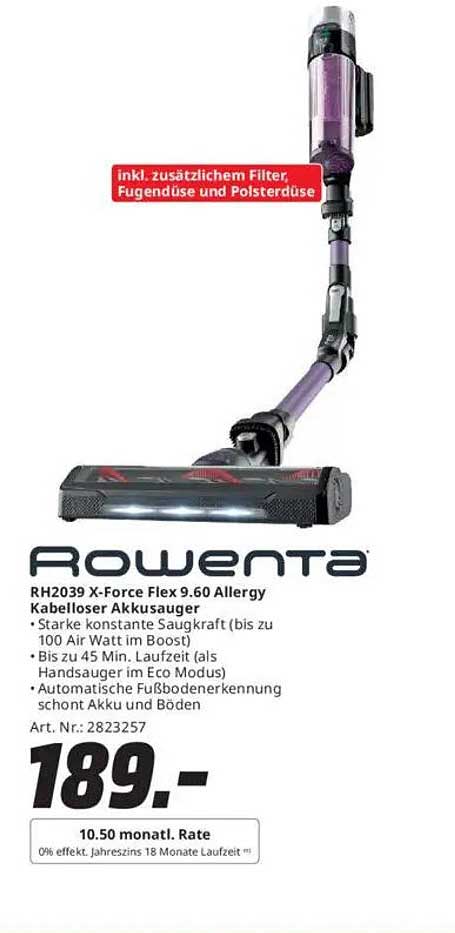 Rowenta RH2039 X-Force Flex 9.60 Allergy Kabelloser Akkusauger