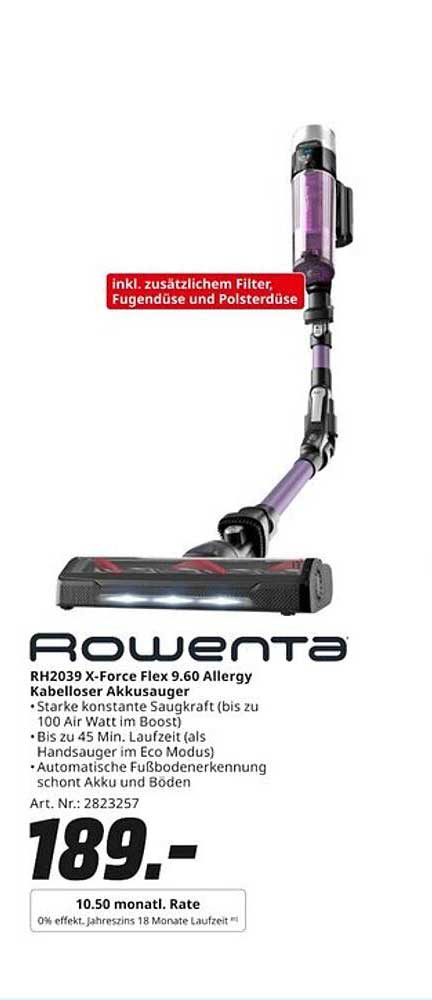 Rowenta RH2039 X-Force Flex 9.60 Allergy Kabelloser Akkusauger