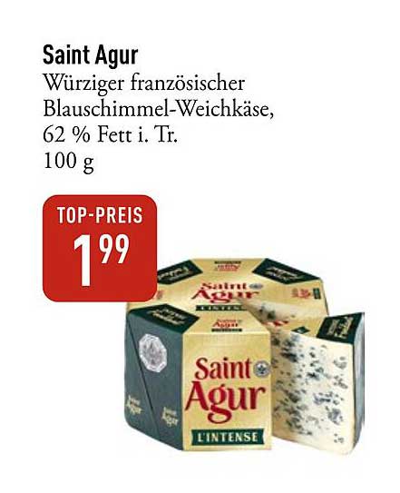 Saint Agur - Würziger französischer Blauschimmel-Weichkäse, 62 % Fett i. Tr. 100 g