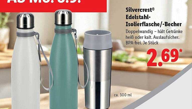 SilverCrest® Edelstahl-Isolierflasche/-Becher